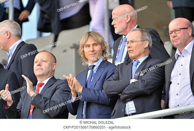 Czech former soccer player Pavel Nedved, second left, ambassador for the championship, and chairman of the organising committee Petr Fousek, left