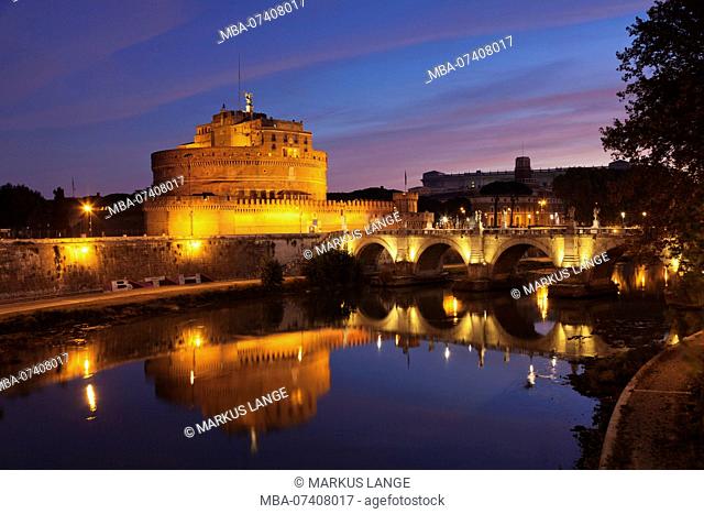 Castel Sant'Angelo and Angel Bridge are reflected in the Tiber at sunrise, Rome, Lazio, Italy