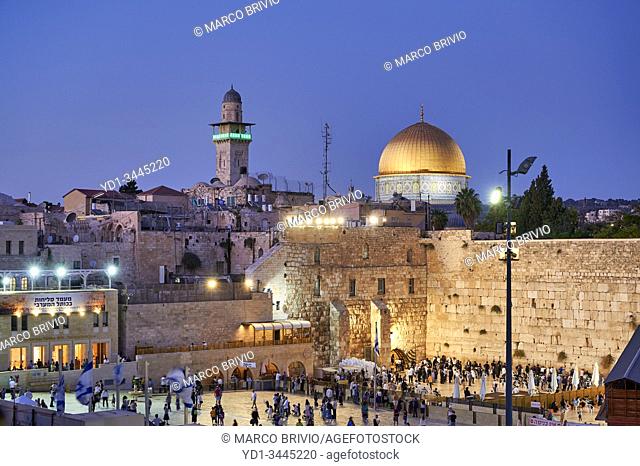 Jerusalem Israel. Dome of the rock, temple mount and wailing wall at sunset