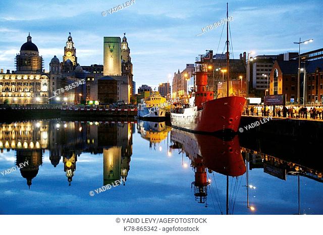 The red light ship at canning dock next to Albert dock with the Liver building in the background, Liverpool, England, UK