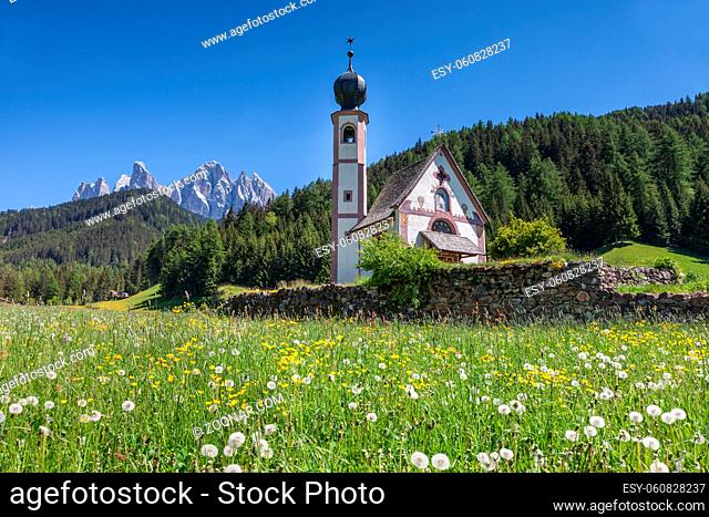 Church of St. John in Ranui at St. Magdalena in Villnoesstal, South Tyrol, Italy