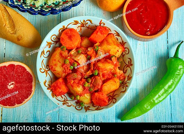 Marqa batata, potato stew, Tunisian cuisine, Traditional assorted African dishes, Top view