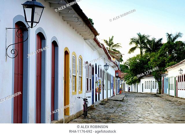 Portuguese colonial vernacular architecture in the centre of Paraty (Parati) town on Brazil's Green Coast, Rio de Janeiro state, Brazil, South America