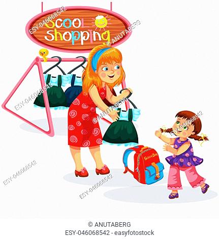 Happy mother helping daughter choosing beautiful uniform vector illustration. Joyful girl taking dress and top smiling. School shopping concept