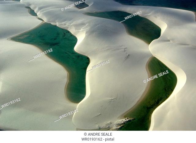 Aerial image of rain ponds in between sand dunes, Lencois Maranhenses, Maranhao, Brazil