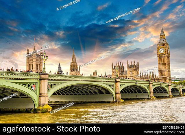 Beautiful London architecture. Houses of Parliament and Westminster bridge