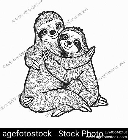 Sloth love couple hug sketch engraving vector illustration. T-shirt apparel print design. Scratch board style imitation. Black and white hand drawn image