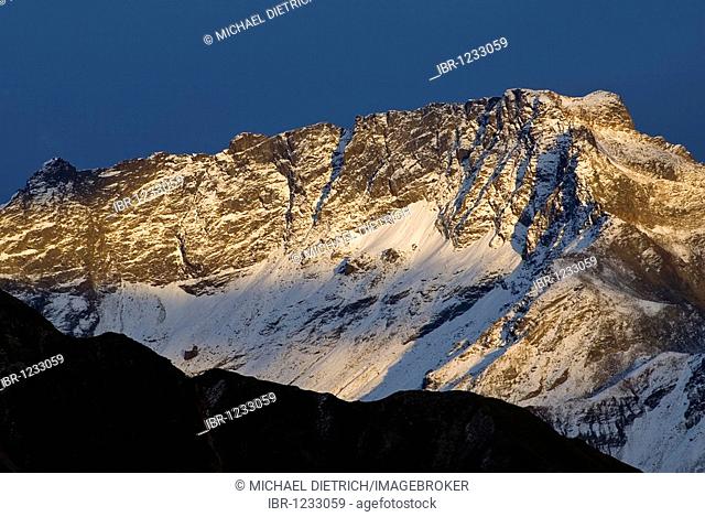 Steep ridge at the Bernina Pass, in evening light, Canton of Graubuenden, Grisons, Switzerland, Europe