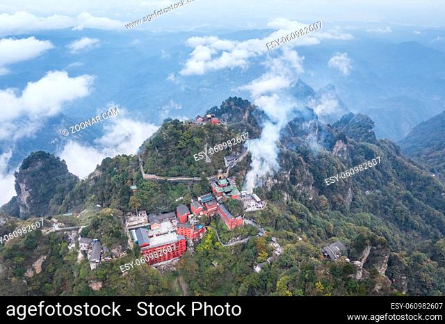 aerial view of wudang mountain landscape, the golden palace on highest peak, taoist holy land, China