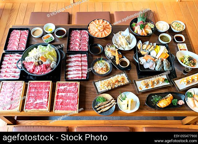 Japanese wagyu beef Sukiyaki set ready to cook with variety of japanese food cuisine