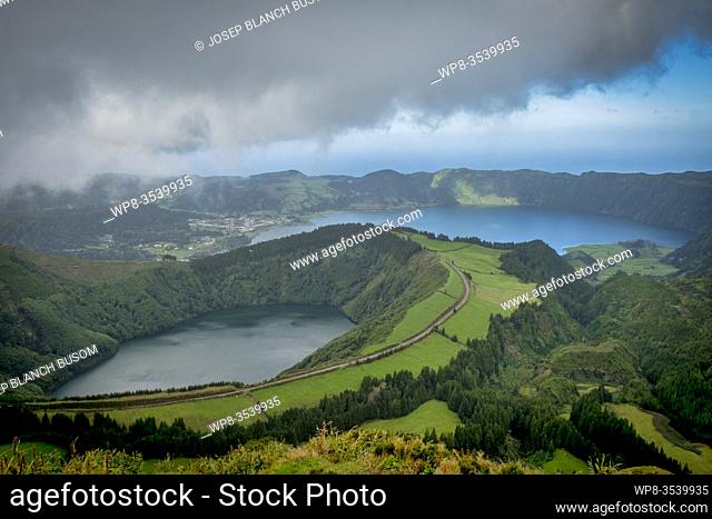 Mountain landscape with hiking trail and view of beautiful lakes Ponta Delgada, Sao Miguel Island, Azores, Portugal