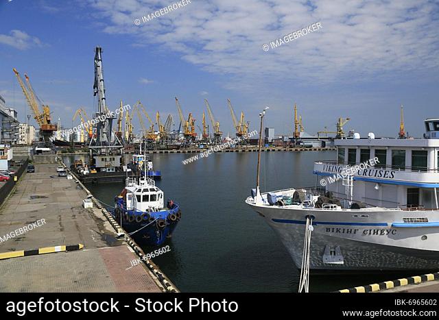 Port of Odessa with cruise ship Viking Sineus, cargo port behind, Odessa, Ukraine, Europe