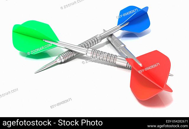 Set of darts arranged in triangle, isolated on white background. Side view. 3D concept