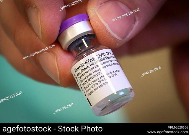 Illustration picture shows a small flask with the vaccine, during the vaccination of the residents of the Quietude elderly home in Montigny-le-Tilleul