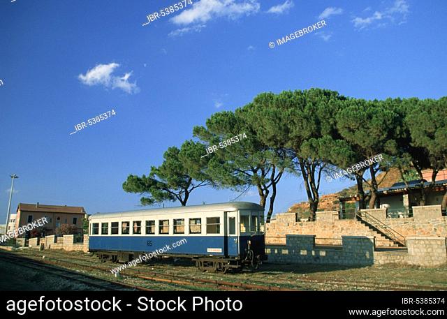 Light rail car at the station, Arbatax, Sardinia, Italy, Europe