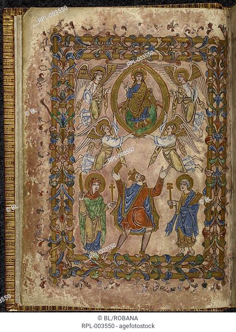 King Edgar, flanked by the Virgin and St Peter, offering the charter to Christ above, trelliswork border of acanthus leaves