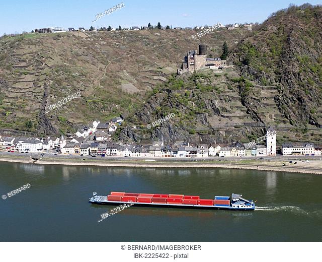 View of Katz Castle and the Rhine River as seen from St. Goar, St. Goarshausen, Rhineland-Palatinate, Upper Middle Rhine Valley, a UNESCO World Heritage site