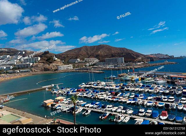 CRAN CANARIA, PUERTO RICO - NOVEMBER 16, 2019:.Marina in Puerto Rico de Gran Canaria. Postcard, spain