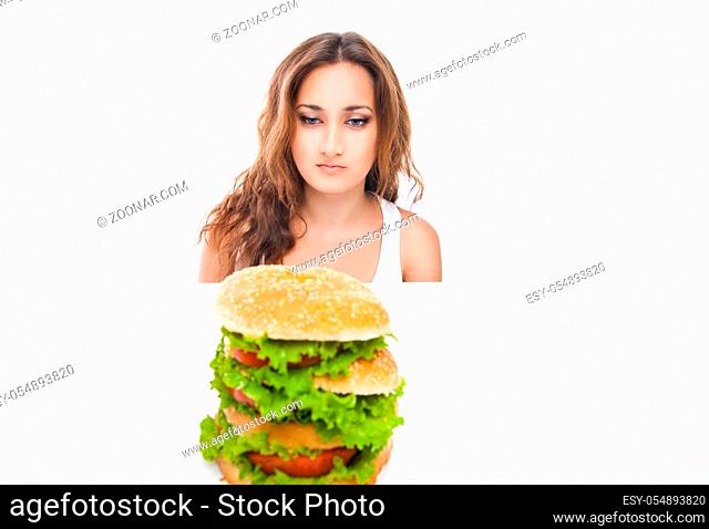picture of healthy woman rejecting junk food isolated over white background