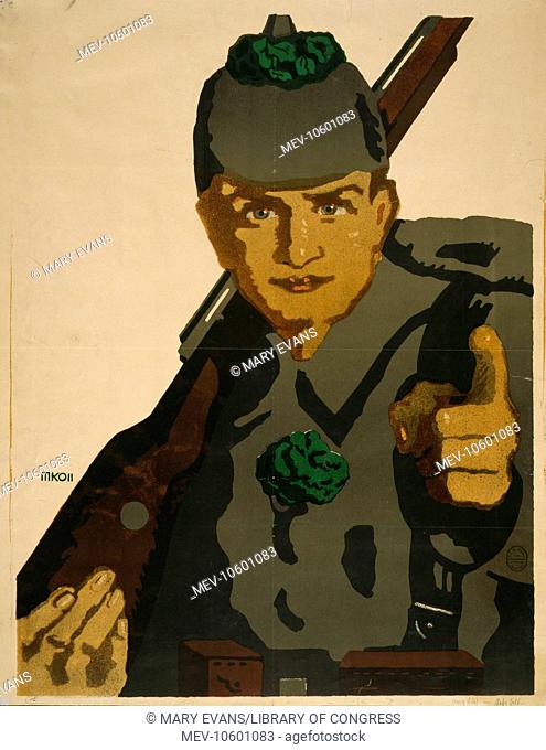 Ich gehe hinaus an die Front. Hast du die 6. Kriegsanleihe schon gezeichnet?. Poster shows a soldier with rifle on shoulder pointing at viewer