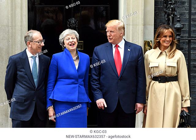 Photo by: KGC-03/starmaxinc.com.STAR MAX.©2019.ALL RIGHTS RESERVED..6/4/19.President Donald Trump, Melania Trump and Teresa May at Downing Street in London