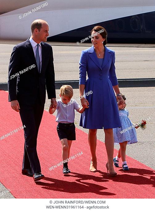 The Duke and Duchess of Cambridge, accompanied by Prince George and Princess Charlotte arrive at Berlin Tegel airport during the visit to Poland and Germany...