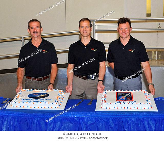 Canadian Space Agency astronaut Chris Hadfield (left), Expedition 34 flight engineer and Expedition 35 commander; along with NASA astronaut Tom Marshburn...