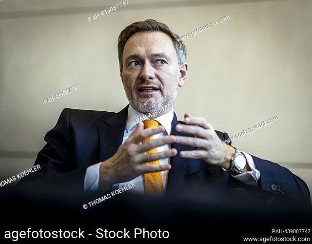 Christian Lindner (FDP), Federal Minister of Finance, recorded during an interview in the Reichstag restaurant. - Berlin/Deutschland