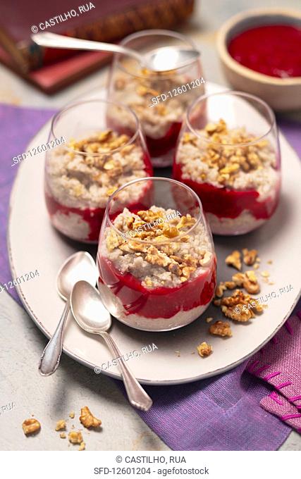 Brown rice pudding with raspberries and walnuts