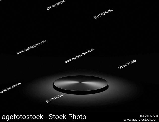 Product Display Stand or Podium in Minimal Composition with Spotlight Lighting The Product. Dark, Black, Moody Background with Metallic Cylinder Platform 3D...
