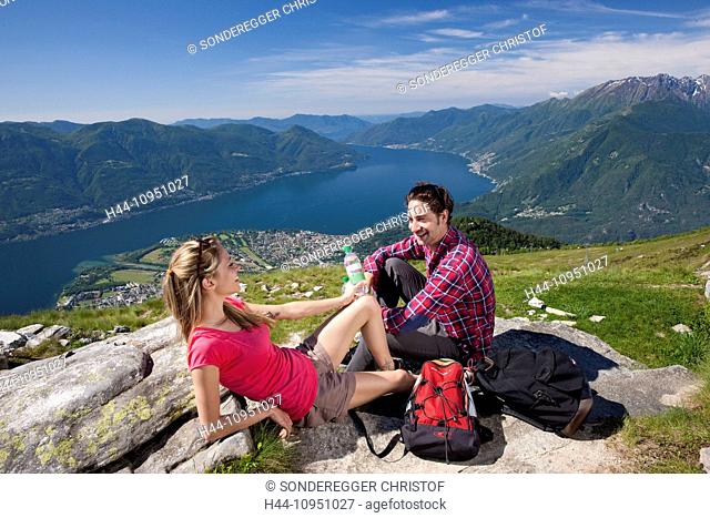 Switzerland, Europe, canton, TI, Ticino, Southern Switzerland, mountain, mountains, lake, walking, hiking, view, Locarno, Cardada, Cimetta, couple, man, woman