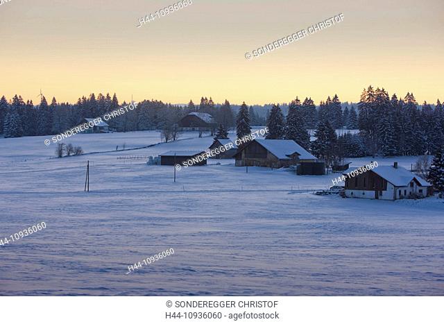 Morning mood, free mountains, farm, winter, snow, canton, JU, Jura, village, Switzerland, Europe, Les Bois