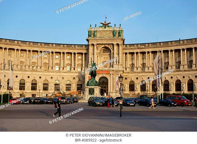 Hofburg Palace at Heldenplatz square, with the equestrian monument of Archduke Charles, Innere Stadt district, Vienna, Austria