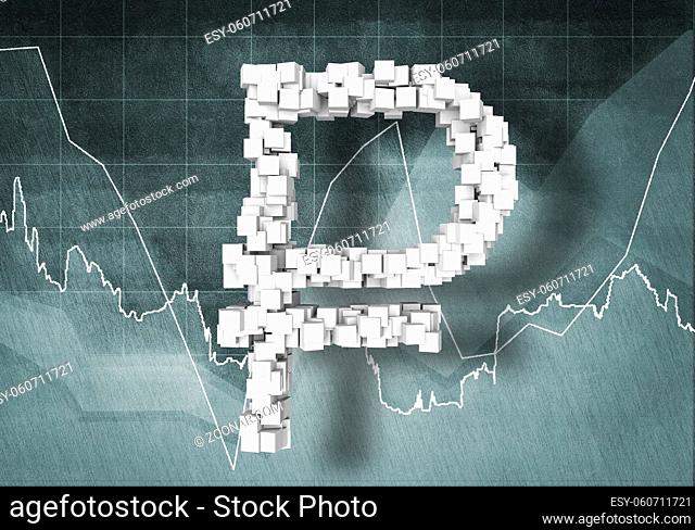 Big rouble currency symbol on graphs and diagrams background, 3D rendering