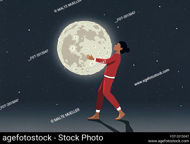 Woman in pajamas carrying bright full moon