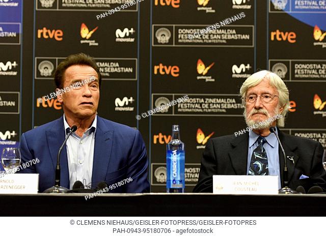Arnold Schwarzenegger and Jean-Michel Cousteau attend the 'Wonder Of The Sea 3D' press conference during 65th San Sebastian Film Festival on September 25