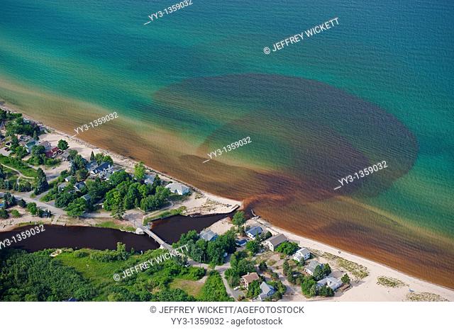 Aerial view of the discharge of Lincoln River into Lake Michigan, USA