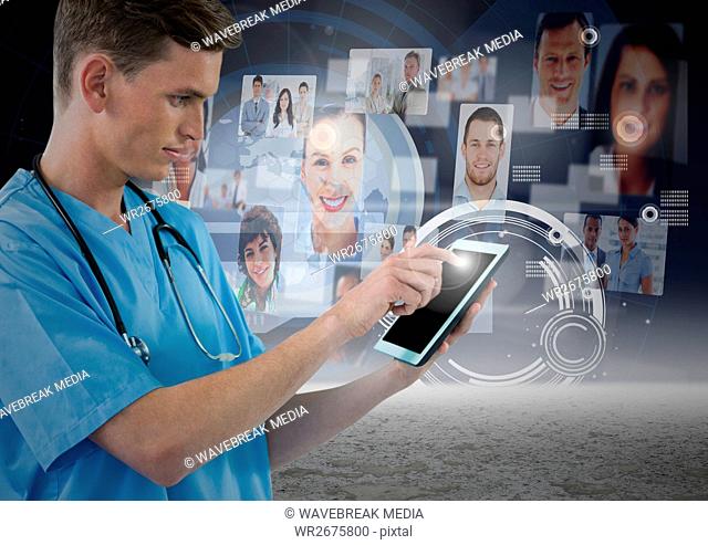 Surgeon using digital tablet with digitally generated networking icons