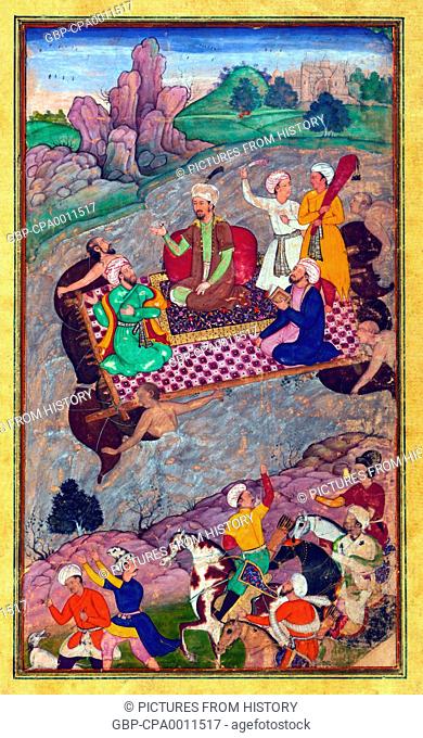 India: Scene from the Baburnama. Babur, during his second Hindustan campaign, riding a raft from Kunar back to Atar, where he made camp