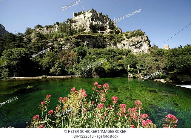Castle ruins on a cliff, on Sorgue River, near Fontaine de Vaucluse, Provence, France, Europe