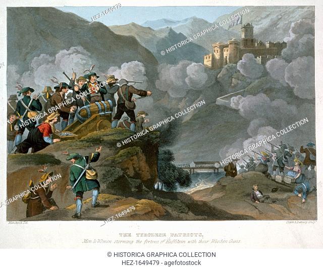 'The Tirolese Patriots Storming the Fortress of Kuffstein with their wooden Guns, 1816. Scene from the Napoleonic Wars. Austria was forced to cede the Tyrol to...