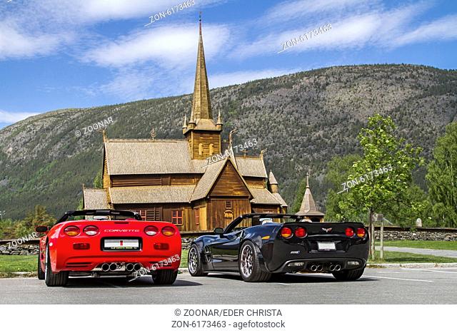 sports car and stave church