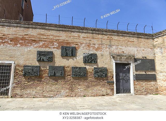 Deportation Memorial in the Campo di Ghetto Nuovo, Venice, Italy. The memorial, the work of sculptor Arbit Blatas who lost his mother during the Holocaust