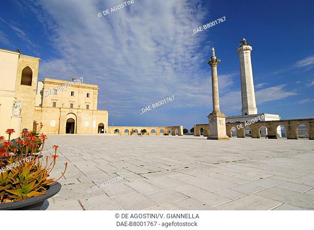 Sanctuary of Santa Maria de Finibus Terrae, the column dedicated to Mary and the lighthouse, Santa Maria di Leuca, Apulia, Italy