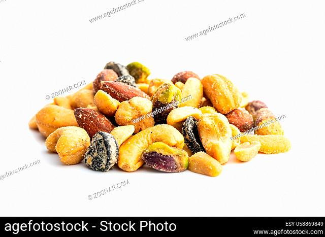 Mix of salted nuts isolated on white background