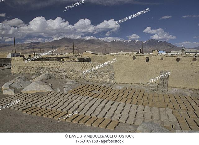 Drying mud bricks for adobe homes in the village of Karakul, Tajikistan