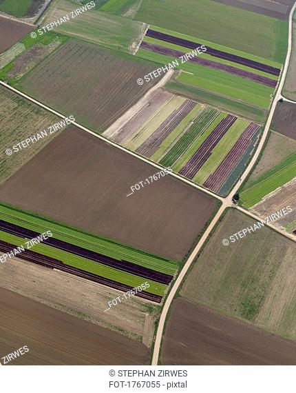 Aerial view brown and green agricultural crops, Hohenheim, Baden-Wuerttemberg, Germany