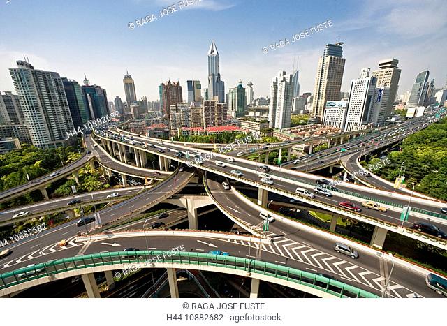 China, Shanghai, town, city, blocks of flats, high-rise buildings, city, skyline, traffic, crossroad, intersection, Yannan Lu, Chengdu, street, traveling