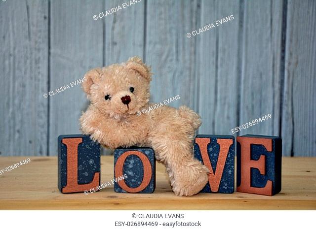 small white teddy bear lies on cubes with the word love in front of a white wooden wall