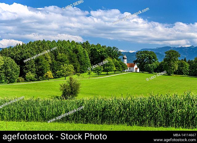 germany, bavaria, upper bavaria, pfaffenwinkel, penzberg, landscape at the huber see with lifting chapel against the foothills of the alps